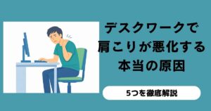 パソコンに向かって座るデスクワーカーの図。 肩に手を当て辛そうな表情をしている人が画像の左側に位置している。 右側には「デスクワークで肩こりが悪化する本当の原因」と書かれている。 その下に「５つを徹底解説」と書かれている