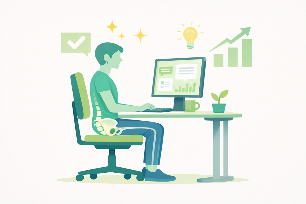 ノートパソコンの前に座るデスクワーカーが疲れにくいオフィス姿勢になり、仕事がはかどり成績が上がっていっている図を示している。