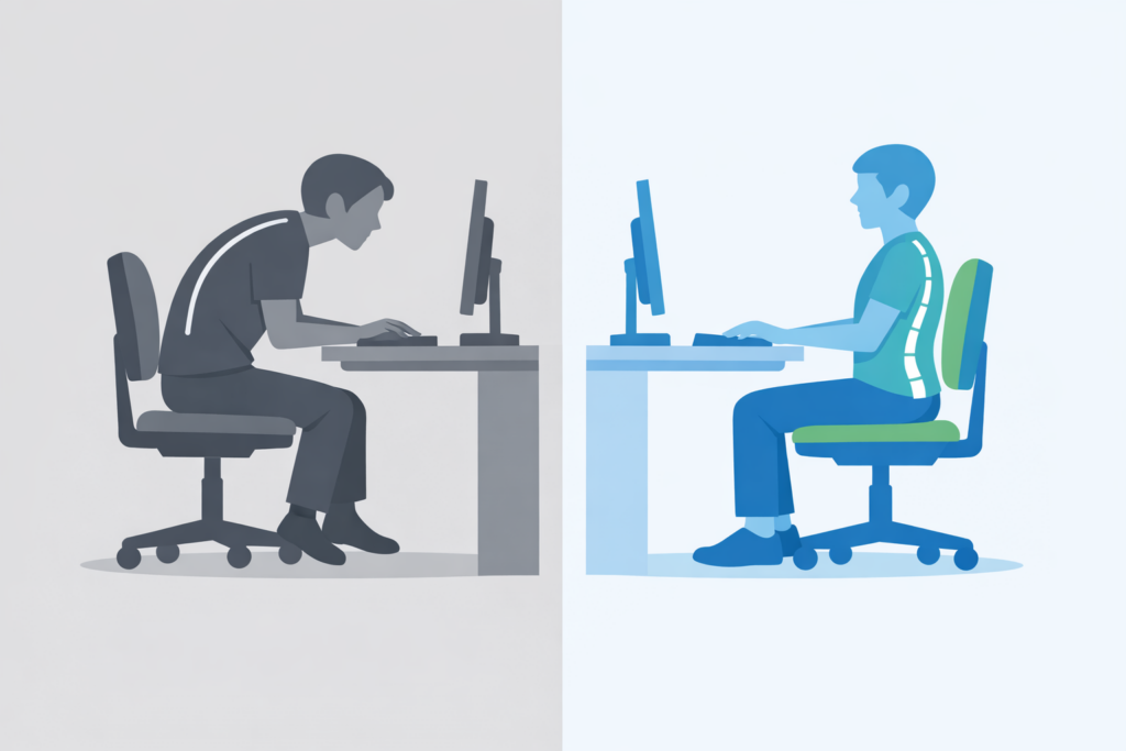 ノートパソコンに向かって座るデスクワーカーの姿勢比較図。左は猫背で浅く座った悪い姿勢、右は骨盤が立ち背筋が伸びた疲れにくい姿勢を示している。