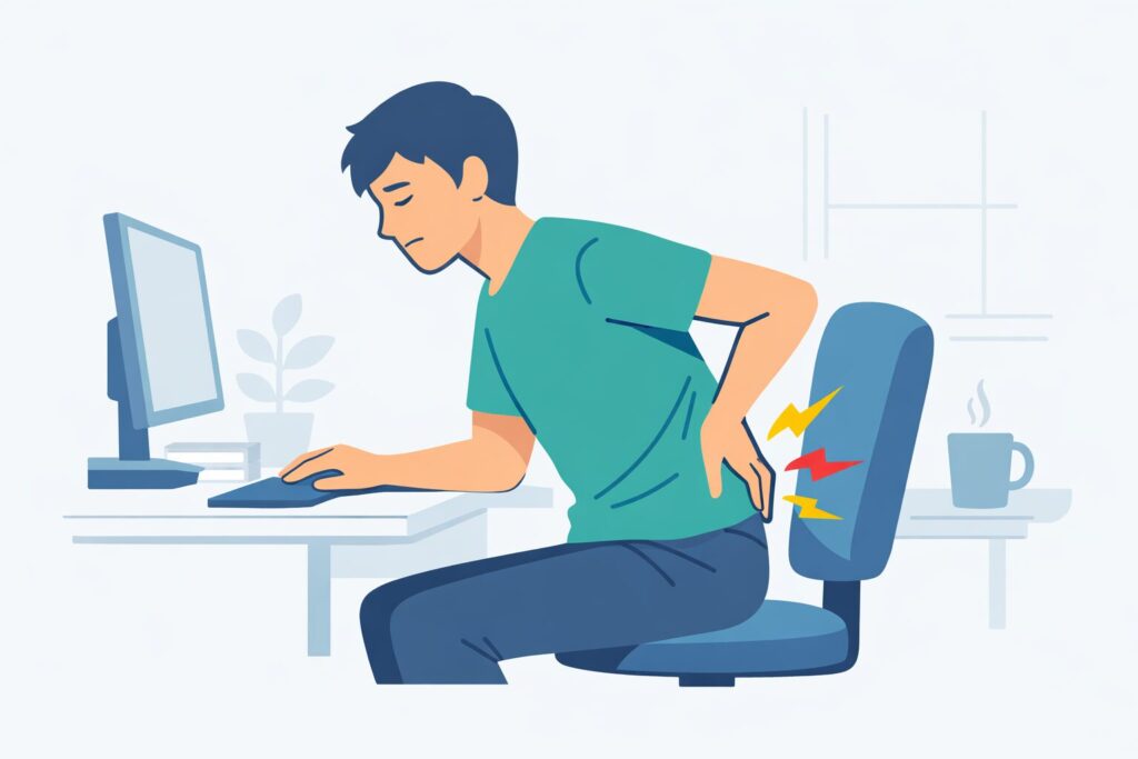 デスクワーカーがパソコンの前で椅子に座り、腰に手を当て、腰が痛そうな格好と表情をしている図。