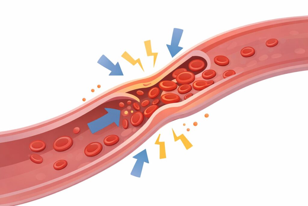 血管が負担を受け、血流が歩くなっている図。
赤血球のような組織がちゃんと循環していない。