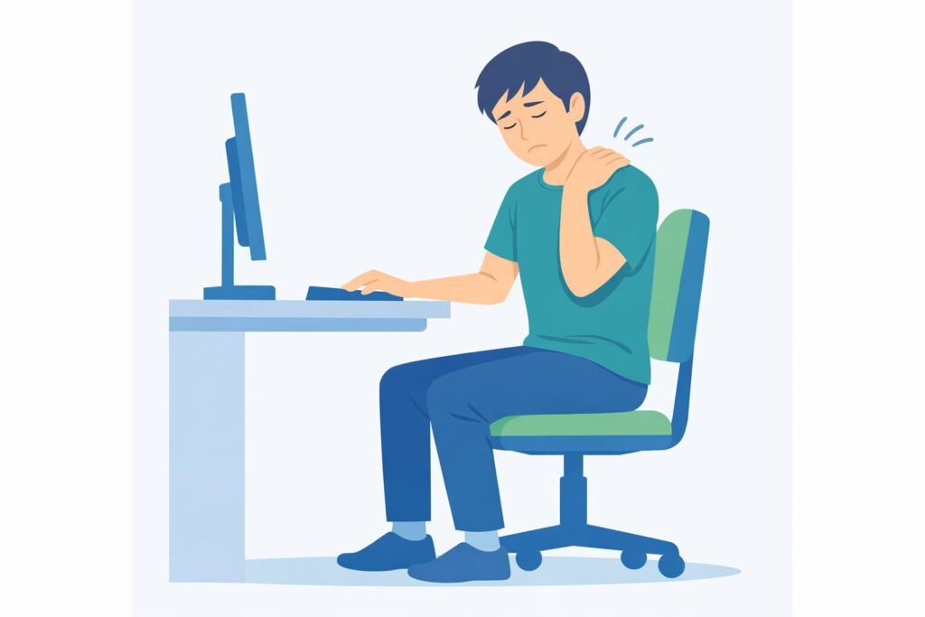 デスクワークで肩こりを感じている人の図。手を肩にあて、辛そうな表情をしている。