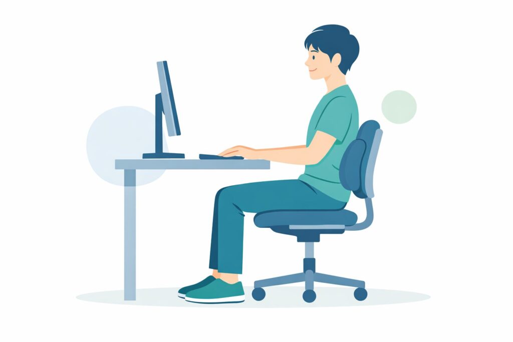 ランバーサポートをし、快適そうにデスクワークをするデスクワーカーのイラスト