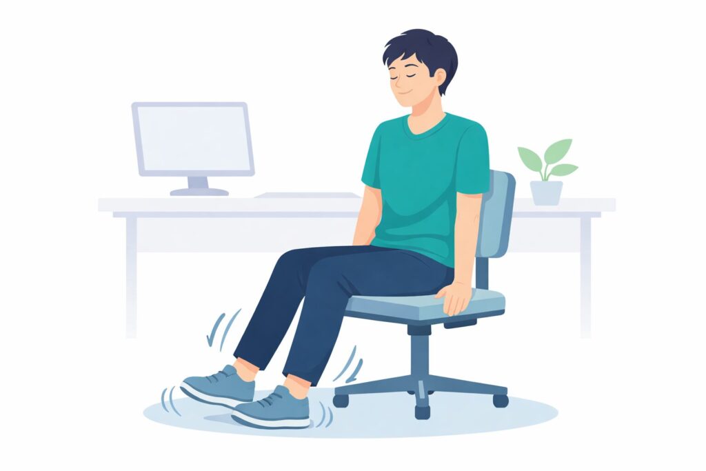 仕事中に座ったまま足首を動かし、脚の血液循環を促しているデスクワーカーのイラスト