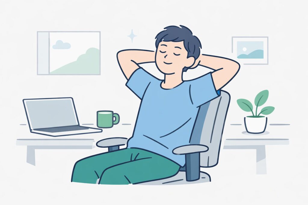 デスクワーク中にリラックスして休憩を取っているデスクワーカーのイラスト