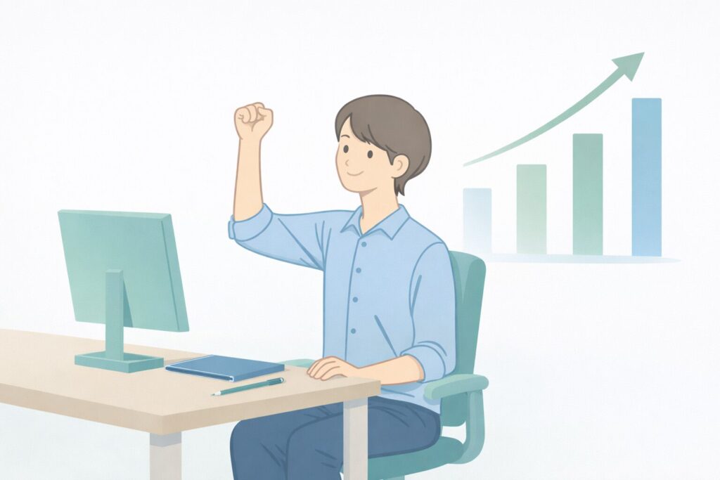 休憩を上手くとり、デスクワークが捗り業績アップしているデスクワーカーもイラスト