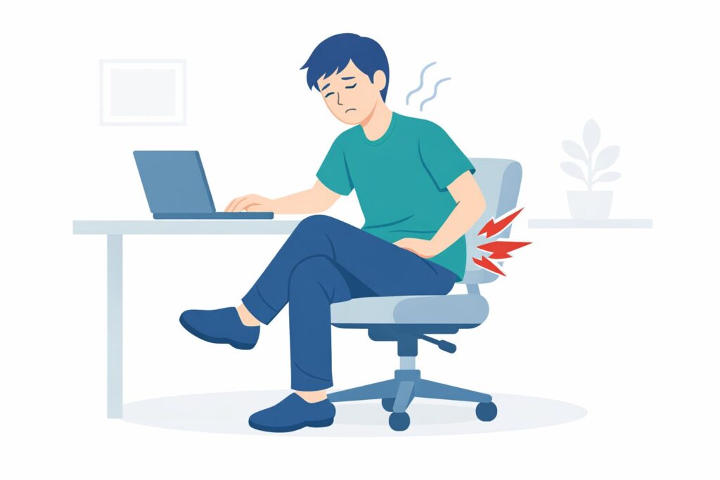 足を組み体に負担がかかっているデスクワーカーのイラスト