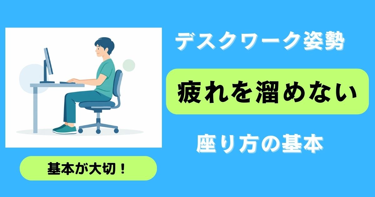 パソコンに向かって座るデスクワーカーが姿勢よく座り、疲れずに仕事が出来ている様子の図と、 右側に「デスクワーク姿勢　疲れを溜めない　座り方の基本」と書かれている。