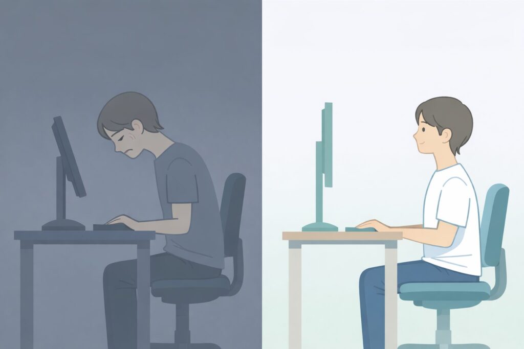 モニター位置が低く首が下を向いた姿勢と、目線の高さで作業する正しい姿勢の比較図