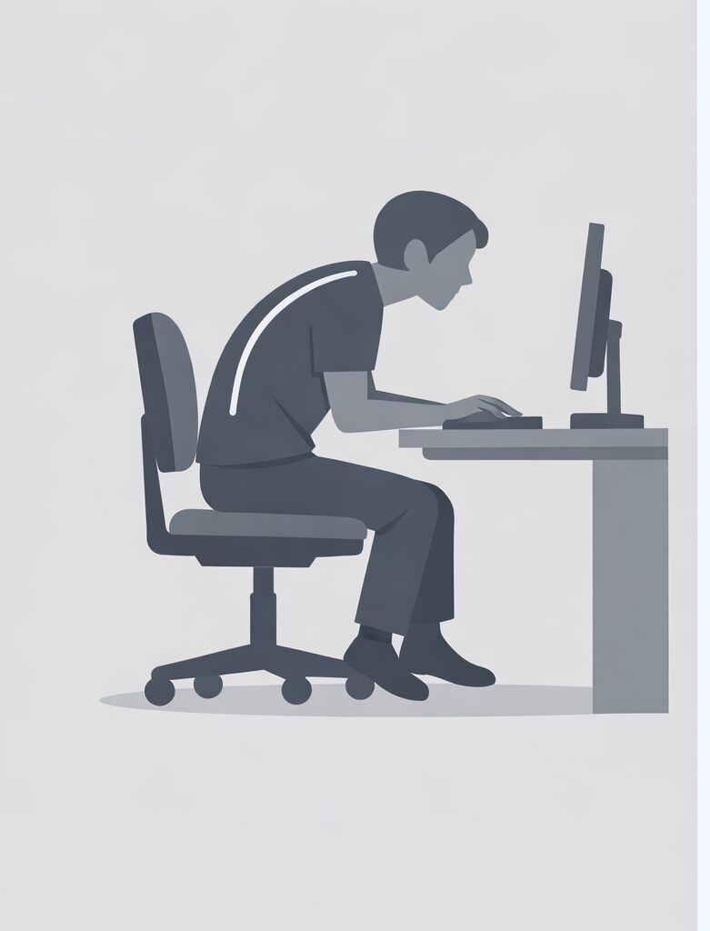 モニターに近づきすぎて姿勢が悪くなっている人の図