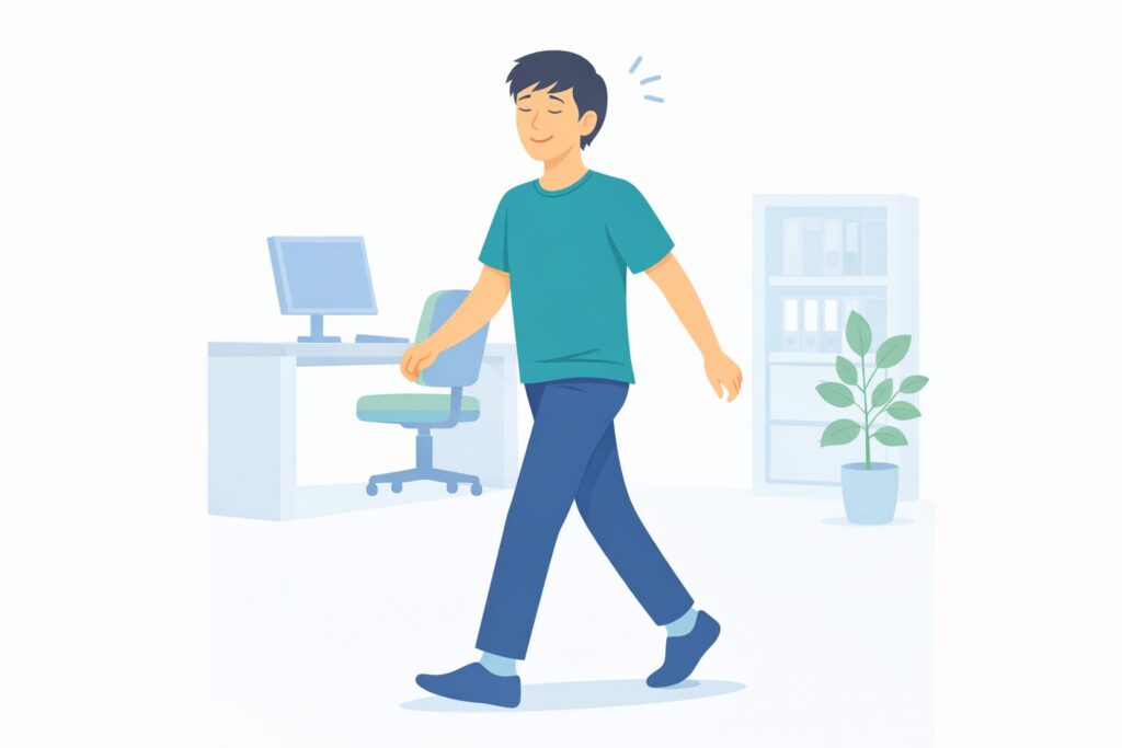 デスクワーカーがオフィスで歩きリフレッシュしているイラスト