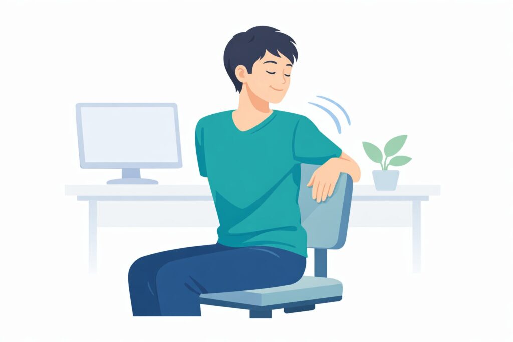 仕事中に座ったまま上半身を捻りストレッチをしているデスクワーカーのイラスト