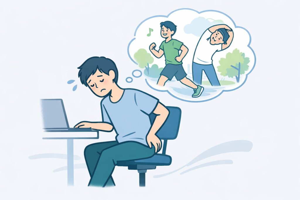 運動不足を感じているデスクワーカーが運動している自分を想像しているイラスト