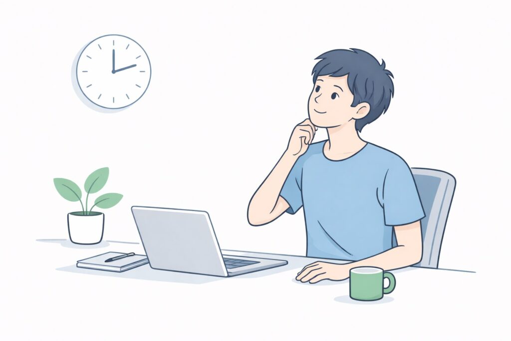 時計を確認して休憩を取る時間を考えているデスクワーカーのイラスト