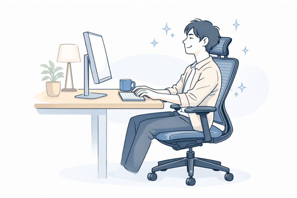 自分に合ったデスクチェアとデスク環境で快適に仕事をしているデスクワーカーのイラスト