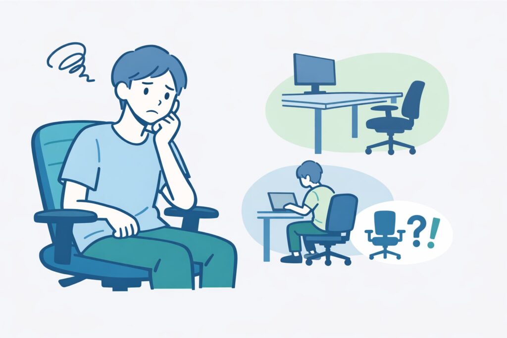 デスクチェア選びで悩んでいるデスクワーカーのイラスト