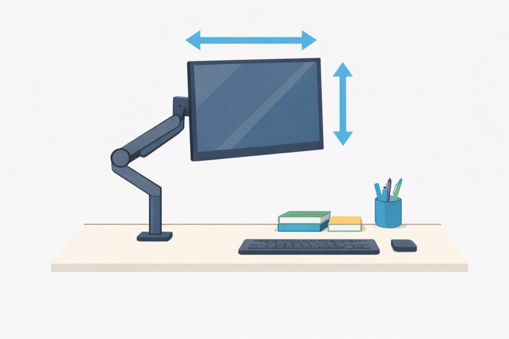 モニターアームを使用し上下左右にモニター位置を調整できる事とデスク上にスペースが出来ている事を表しているイラスト