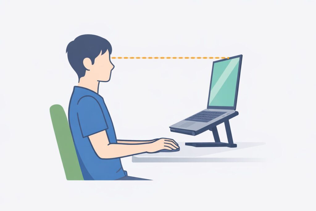 ノートパソコンモニター上端が目線と平行になり、理想的なモニター位置になっているデスクワーカーのイラスト