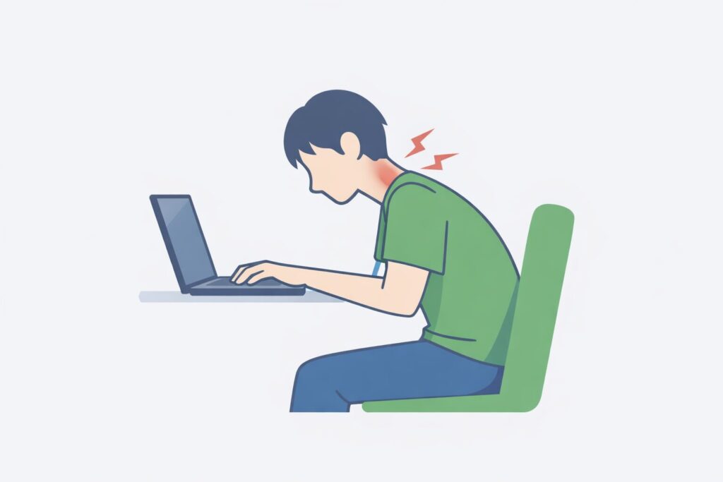 悪い姿勢でノートパソコンに向かって座り首に負担がかかっているデスクワーカーのイラスト