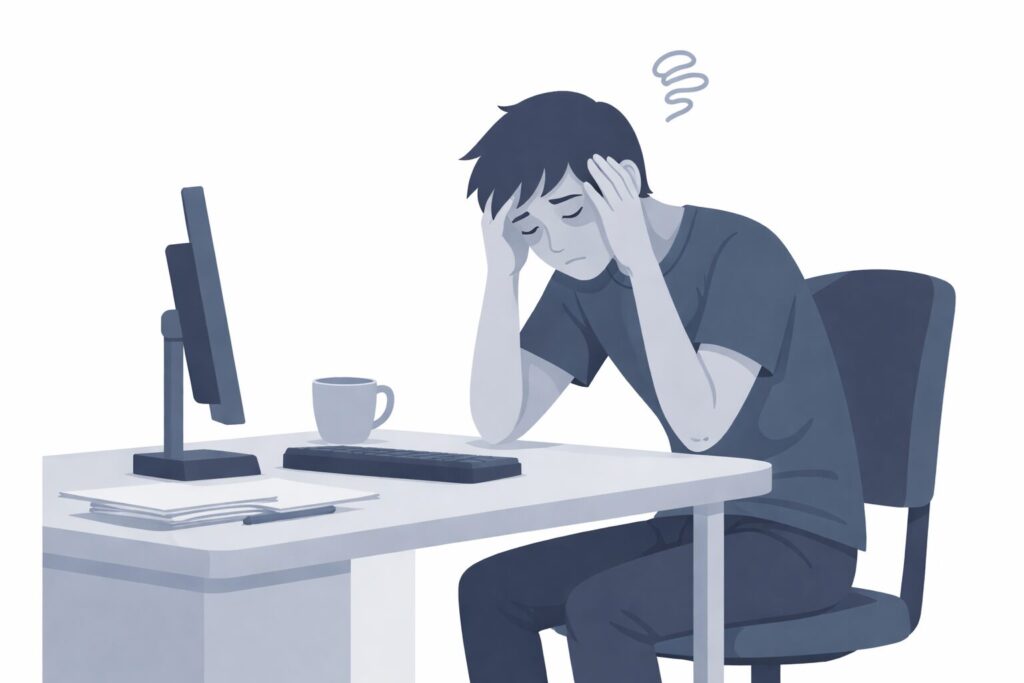 疲れが溜まって調子が悪そうなデスクワーカーのイラスト