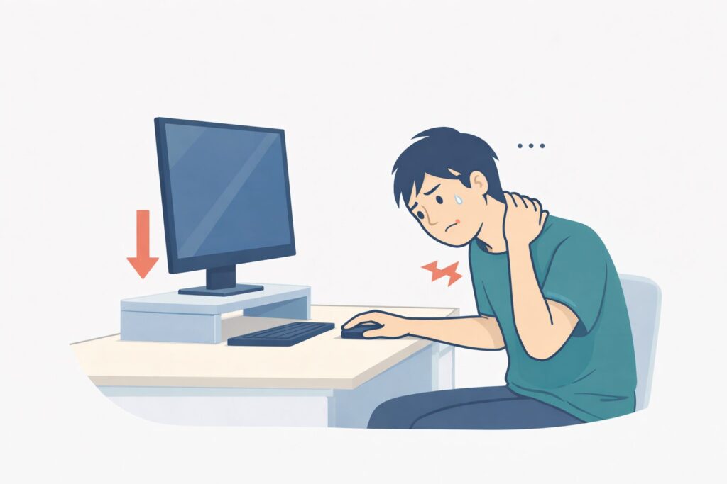 モニター台を使用したが高さが足りず首を痛めているデスクワーカーのイラスト