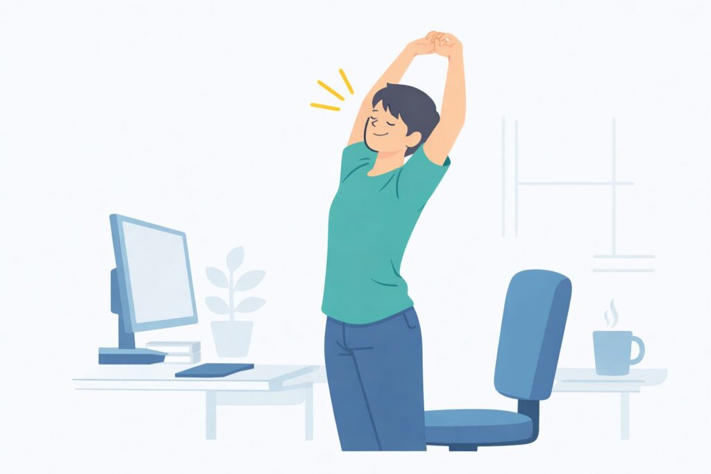 デスクワーク中にストレッチをして体の状態を切り替えているデスクワーカーのイラスト