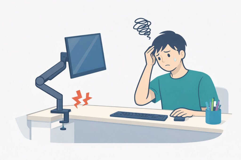モニターアームがデスクにうまく設置できず困っているデスクワーカーのイラスト