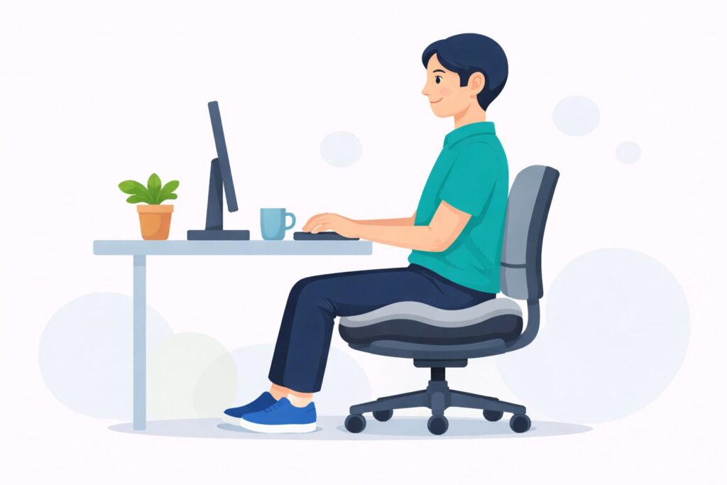座面クッションで姿勢が良くなり仕事が捗るデスクワーカーのイラスト