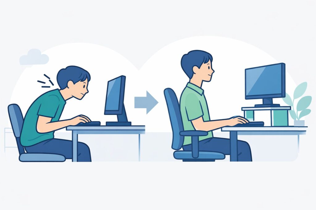 モニター位置が低く悪い姿勢とモニター台でモニター位置が適切で良い姿勢のデスクワーカーの比較イラスト