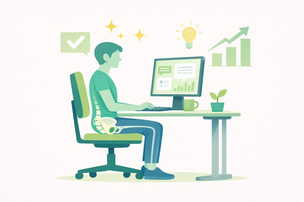 良い姿勢で仕事の成績が向上しているデスクワーカーのイラスト