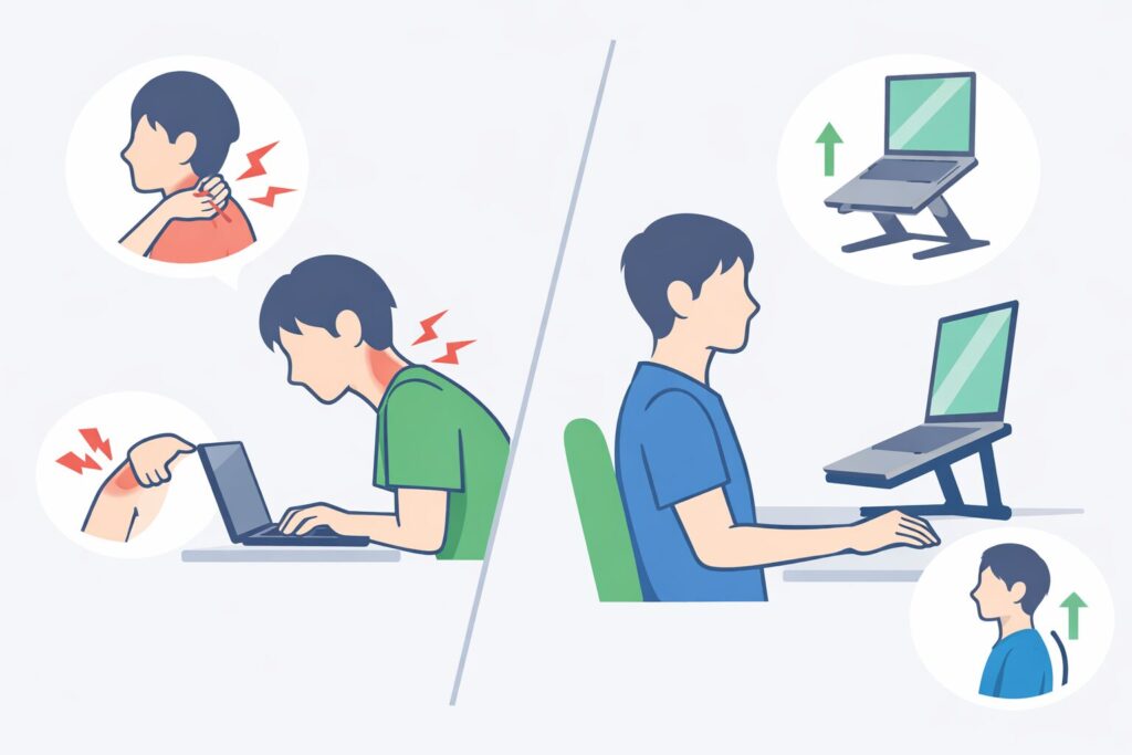 ノートパソコン直置きで悪い姿勢になり首や肩を痛めているデスクワーカーのイラストとノートパソコンスタンドを使用し姿勢が改善しているデスクワーカーのイラストの比較図