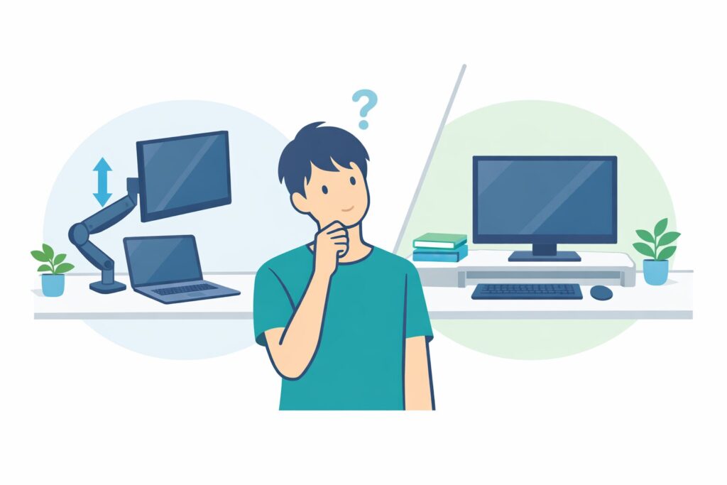 モニターアームとモニター台のどちらを選べば良いか迷っているデスクワーカーのイラスト