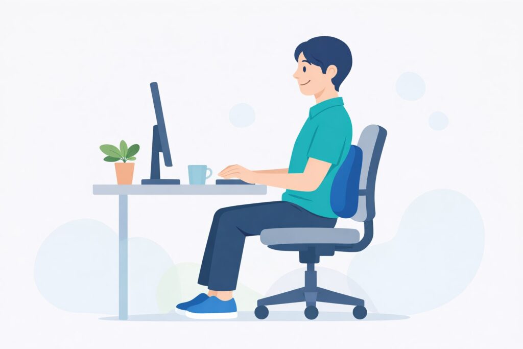 ランバーサポートクッションで姿勢が良くなり仕事が捗るデスクワーカーのイラスト