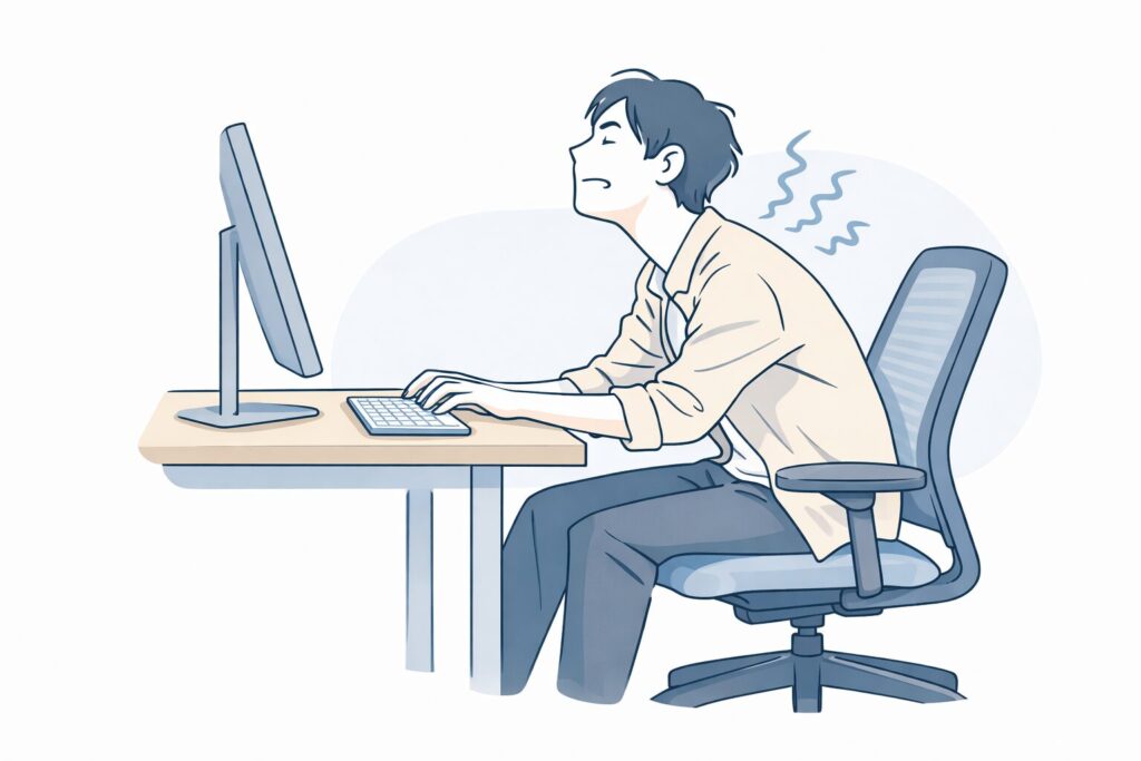デスクチェアとデスクの高さが合わず体を痛そうにしているデスクワーカーのイラスト