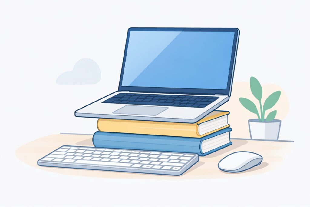 モニター台の代わりに本を積み重ねて代用しているノートパソコンのイラスト