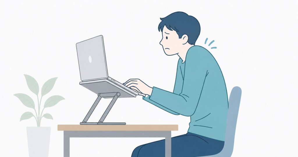 ノートPCスタンドが高くてタイピングしにくいデスクワーカーのイラスト