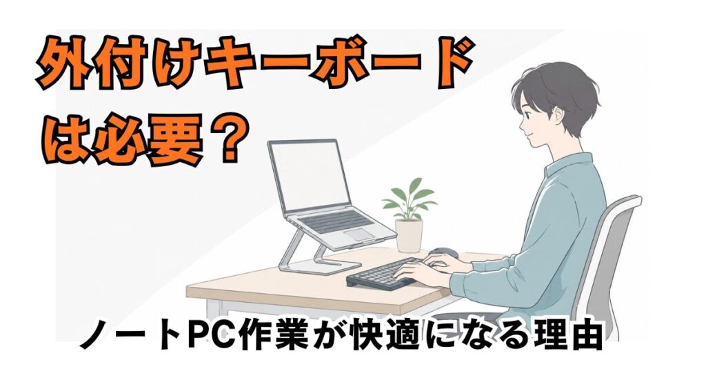 外付けキーボードとノートPCスタンドで快適に作業するデスクワーカーのイラスト