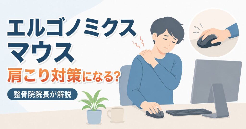 エルゴノミクスマウスと肩の疲れに悩むデスクワーカーのイメージイラスト