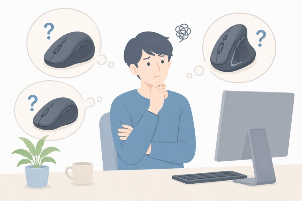 エルゴノミクスマウス選びで迷っている人のイラスト